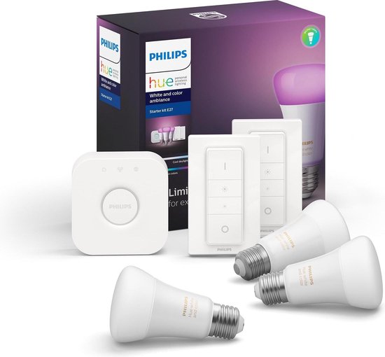 Philips Hue starterspakket - White and Color Ambiance - E27 - 3 lampen - 1 bridge - 2 dimmerswitch